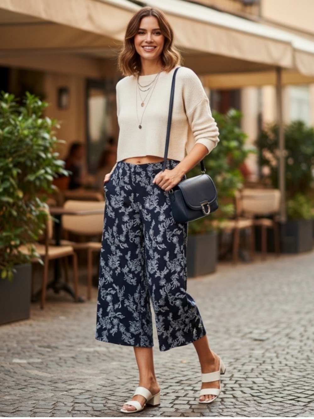 J. Jill Wearever Collection Cropped Floral Print Pants Size 1X Navy/White Beach